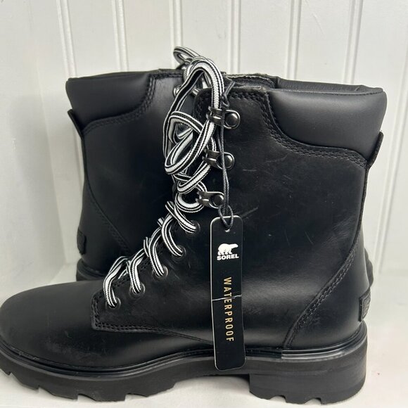 SOREL Womens Black 1" Platform Lennox Toe Block Heel Leather Boots Shoes 8 - Picture 2 of 7